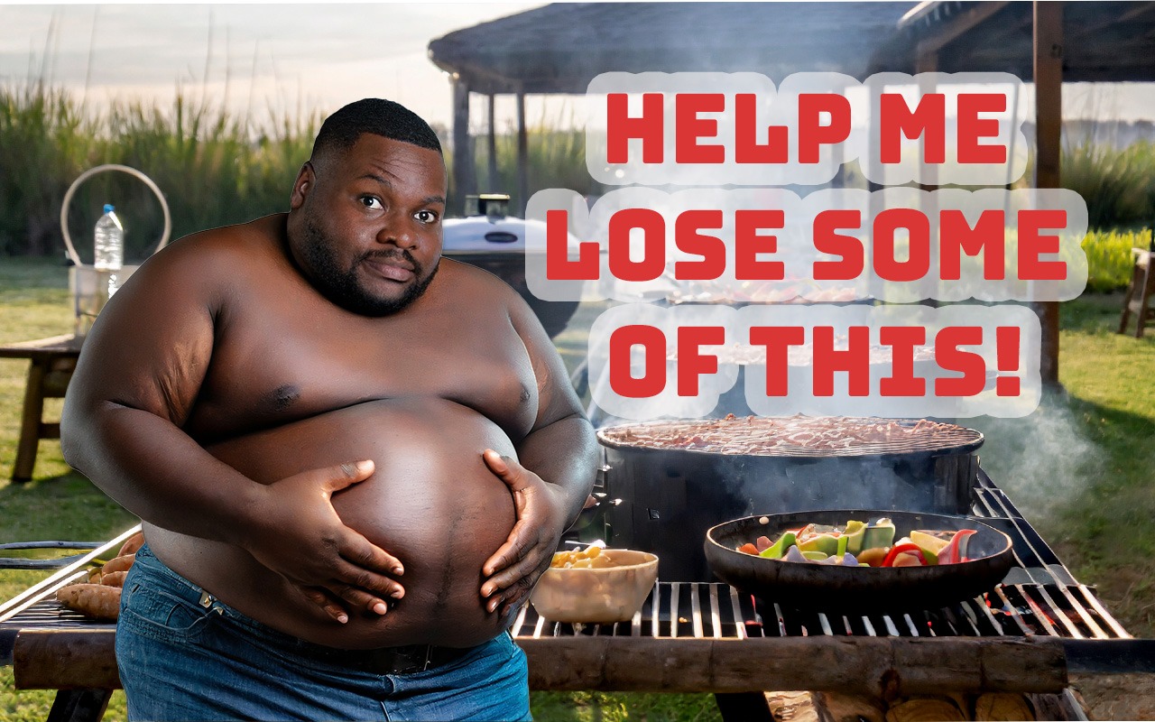 A holistic approach to losing weight and conquering obesity. Image of an obese Black man holding his big belly saying, "Help me lose some of this."