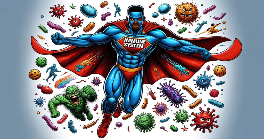The Ultimate Health Shield: Unleash Your Immune System's Superpowers: Article image of a muscular African American Immune System superhero flying through space, battling would-be diseases. www.NaturalMaxHealth.com