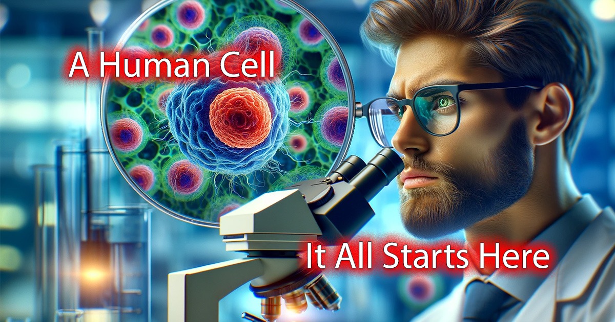 The human cell: a superimposed image of a human cell as scientist looks through a microscope.