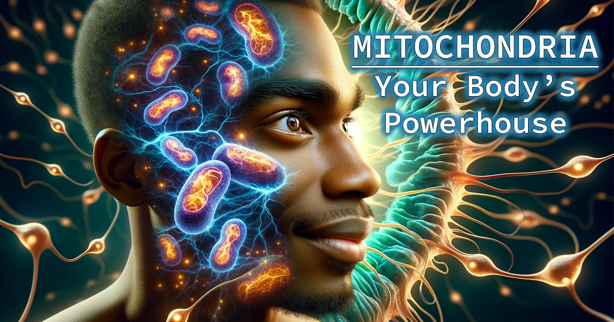 Mitochondria: Your body's powerhouse showing image of a young African man with human cells superimposed on his face.