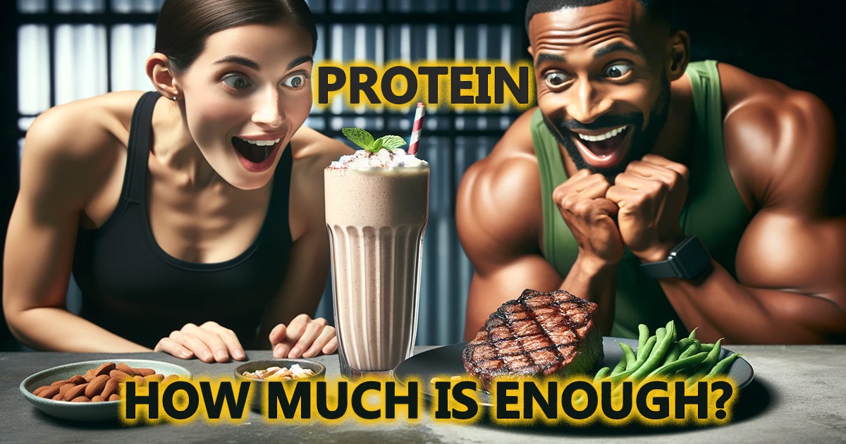 Various medical boards and research facilities recommend daily protein needs that may surprise many people. Image of athletic man and woman looking at a table full of protein food sources.