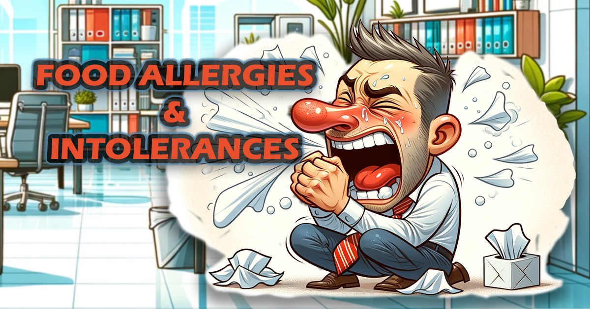 Food Allergies and Intolerance—cartoon image of a man sneezing.