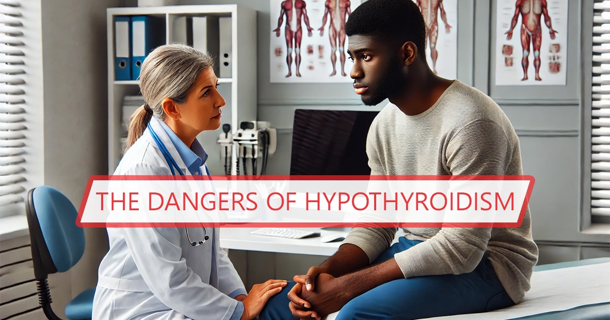 Underactive thyroid (hypothyroidism) image of a fatigued black man at a doctor's office.