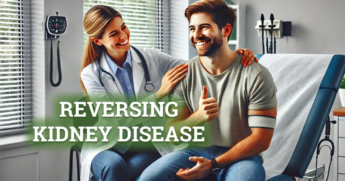Reversing Kidney Disease: Image of a happy man being congratulated by his doctor.